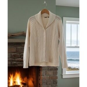 Womens Large Ivory Cable Knit Shawl Collar Sweater Coastal Grandmother